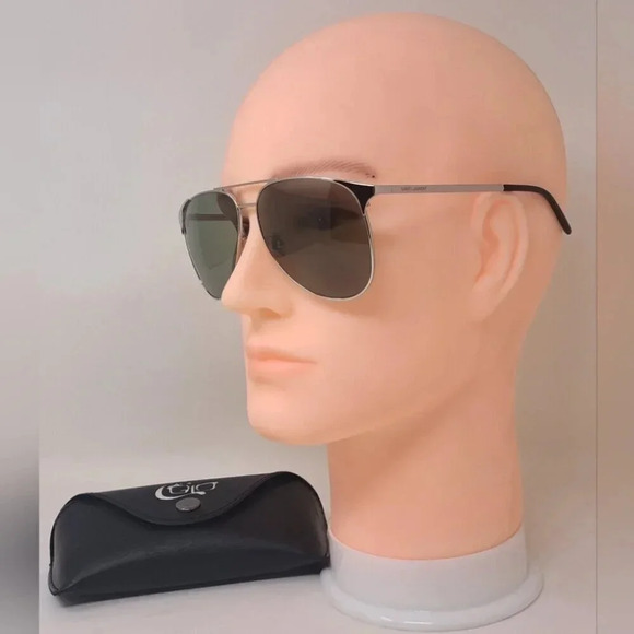 Saint Laurent Men's Aviator Sunglasses Metal Silver Green SL 279 004 61-14-145 - Picture 1 of 16